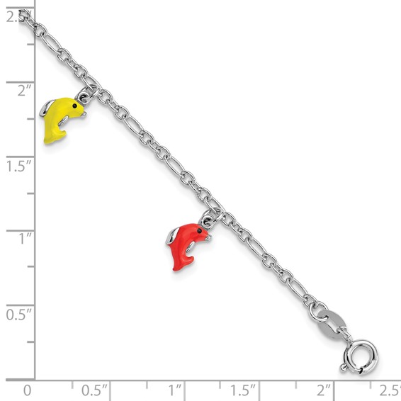 Sterling Silver Polished & Enameled Dolphins Children's 6in Bracelet