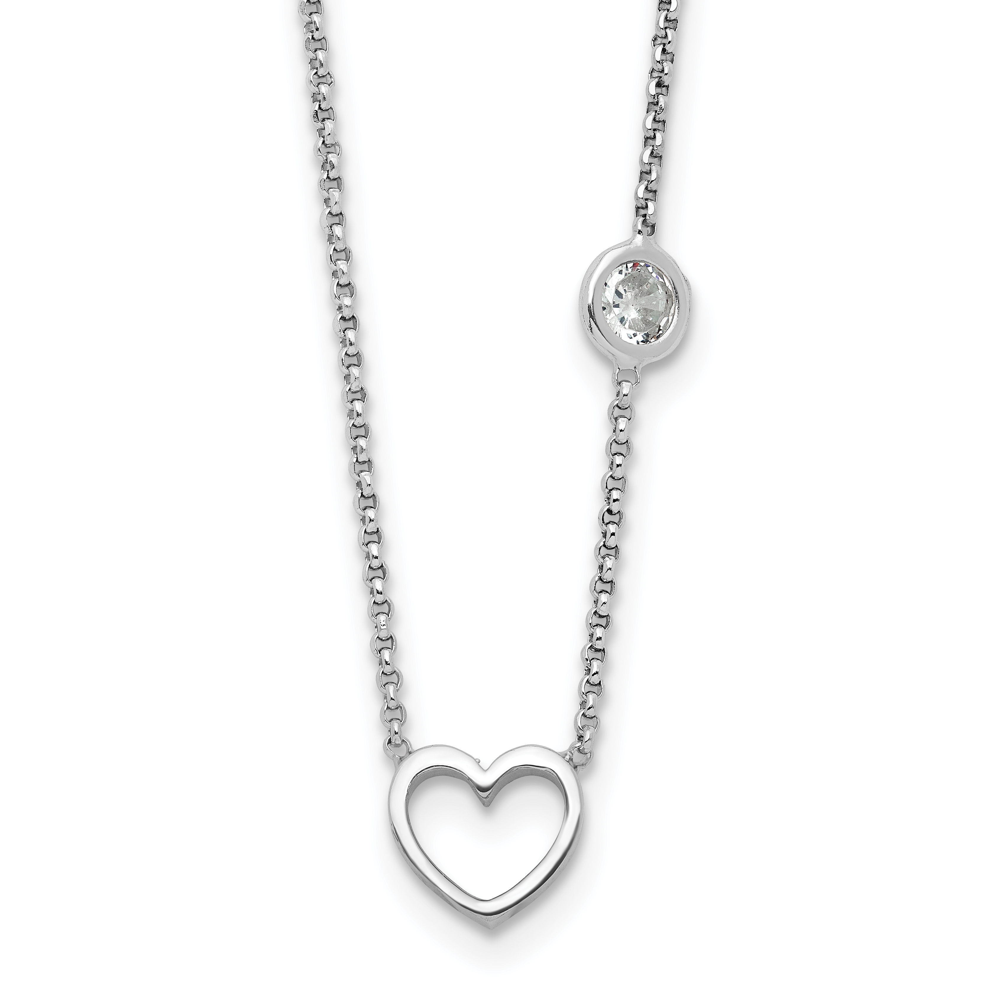 Sterling Silver Rhodium-plated CZ & Heart w/ 2in Ext. Children's Necklace (QG6732-16)