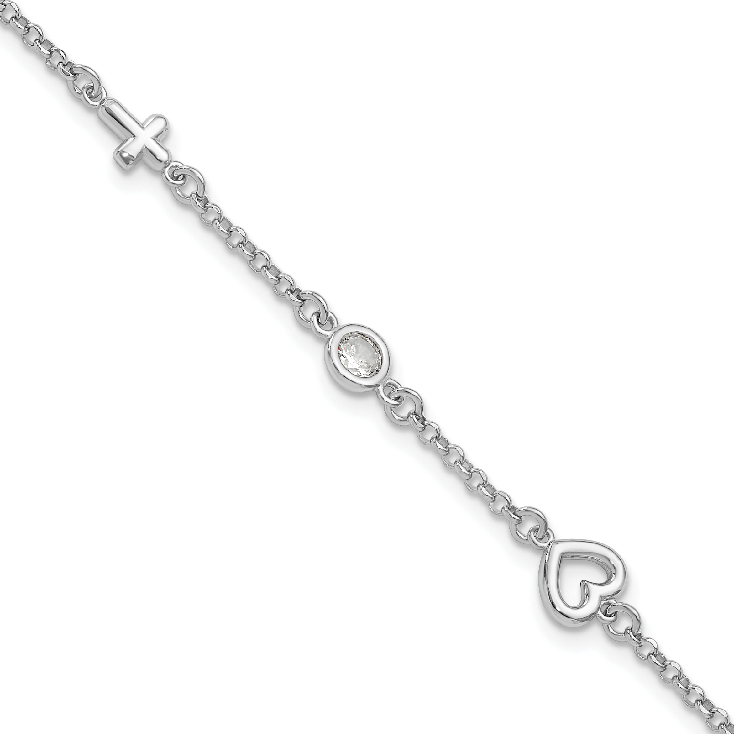 Sterling Silver RH-plated CZ Heart & Cross w/1in Ext. Children's Bracelet (QG6733-5.5)