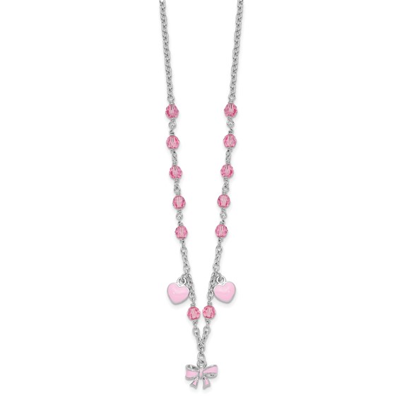 Sterling Silver Rhodium-plated Polished Pink Enamel & Crystal Hearts & Bow w/ 1 inch Extension Children's Necklace