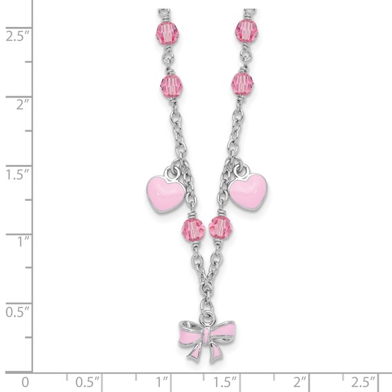 Sterling Silver Rhodium-plated Polished Pink Enamel & Crystal Hearts & Bow w/ 1 inch Extension Children's Necklace