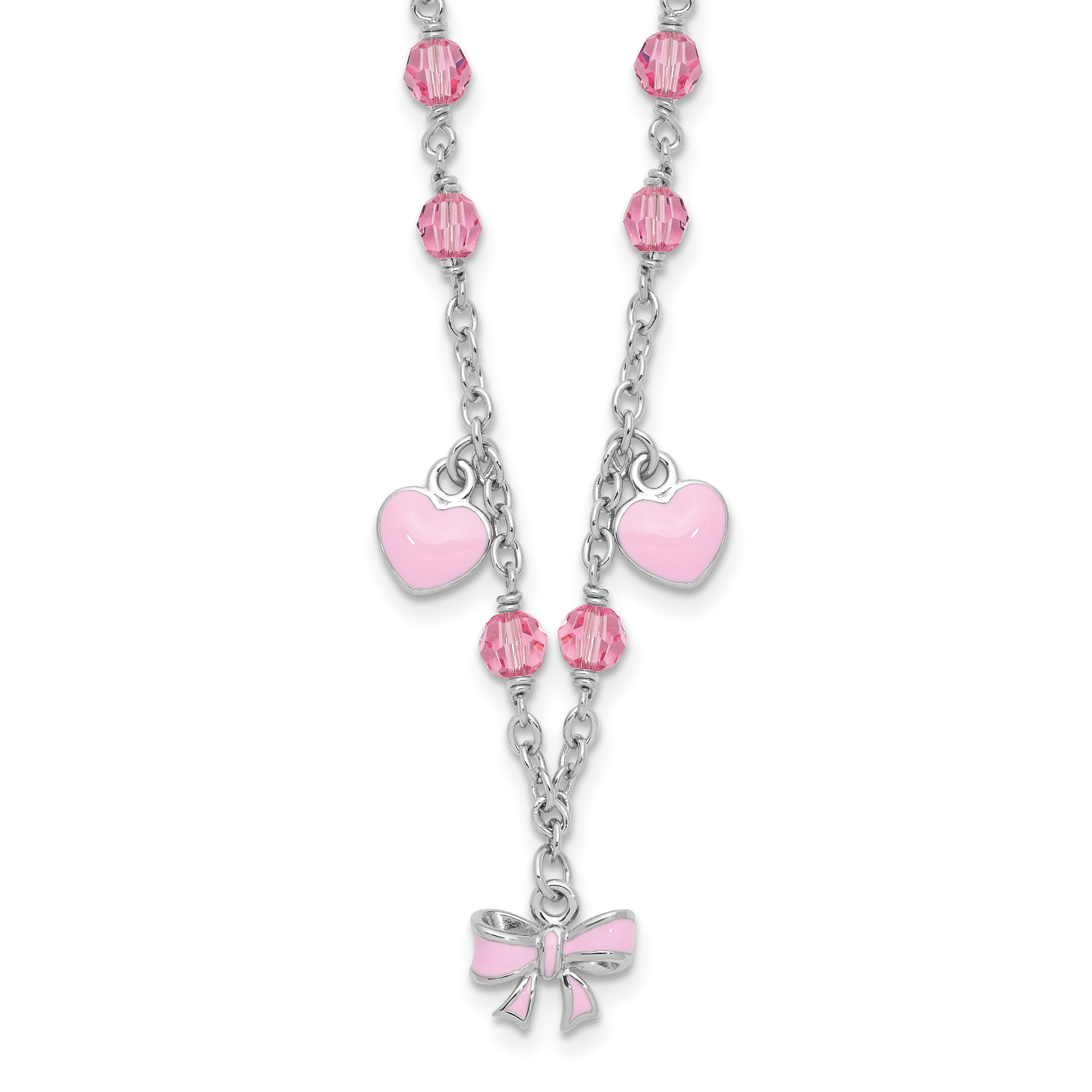 Sterling Silver Rhodium-plated Polished Pink Enamel & Crystal Hearts & Bow w/ 1 inch Extension Children's Necklace (QG6734-13)