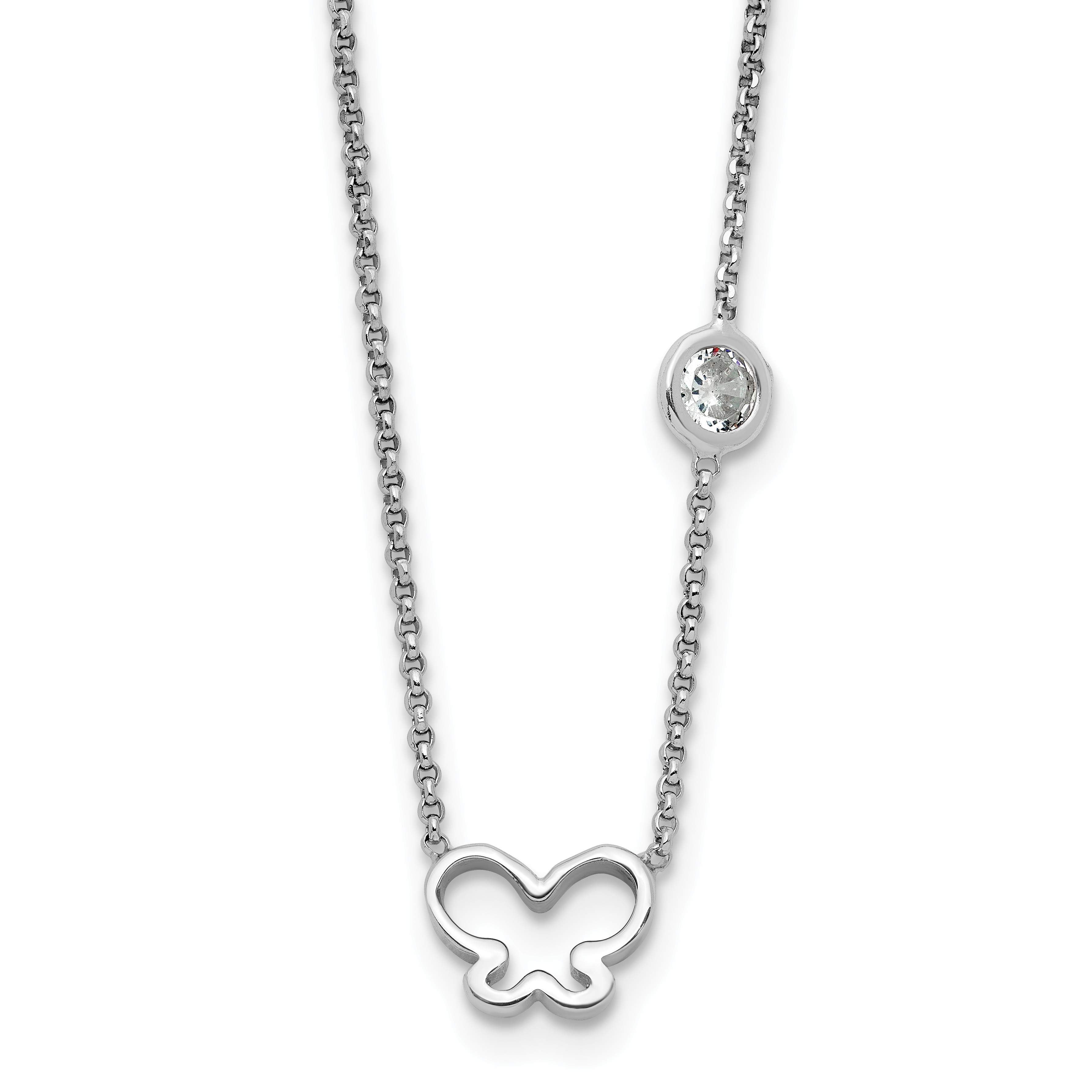 Sterling Silver Rhod-plated CZ & Butterfly w/ 2in Ext. Children's Necklace (QG6735-16)