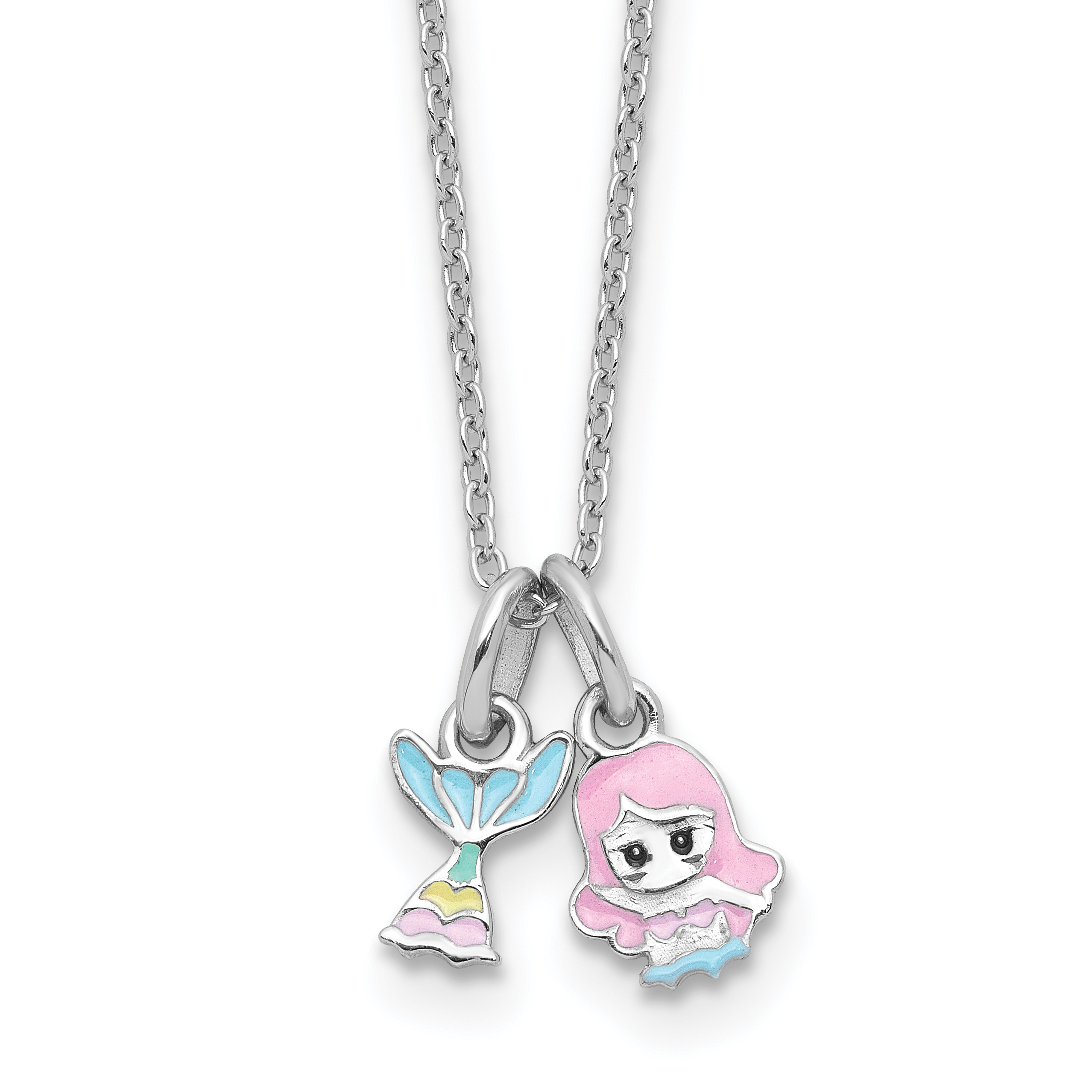 Sterling Silver RH-plated Multi-color Enamel Mermaid Children's Necklace (QG6737-16)