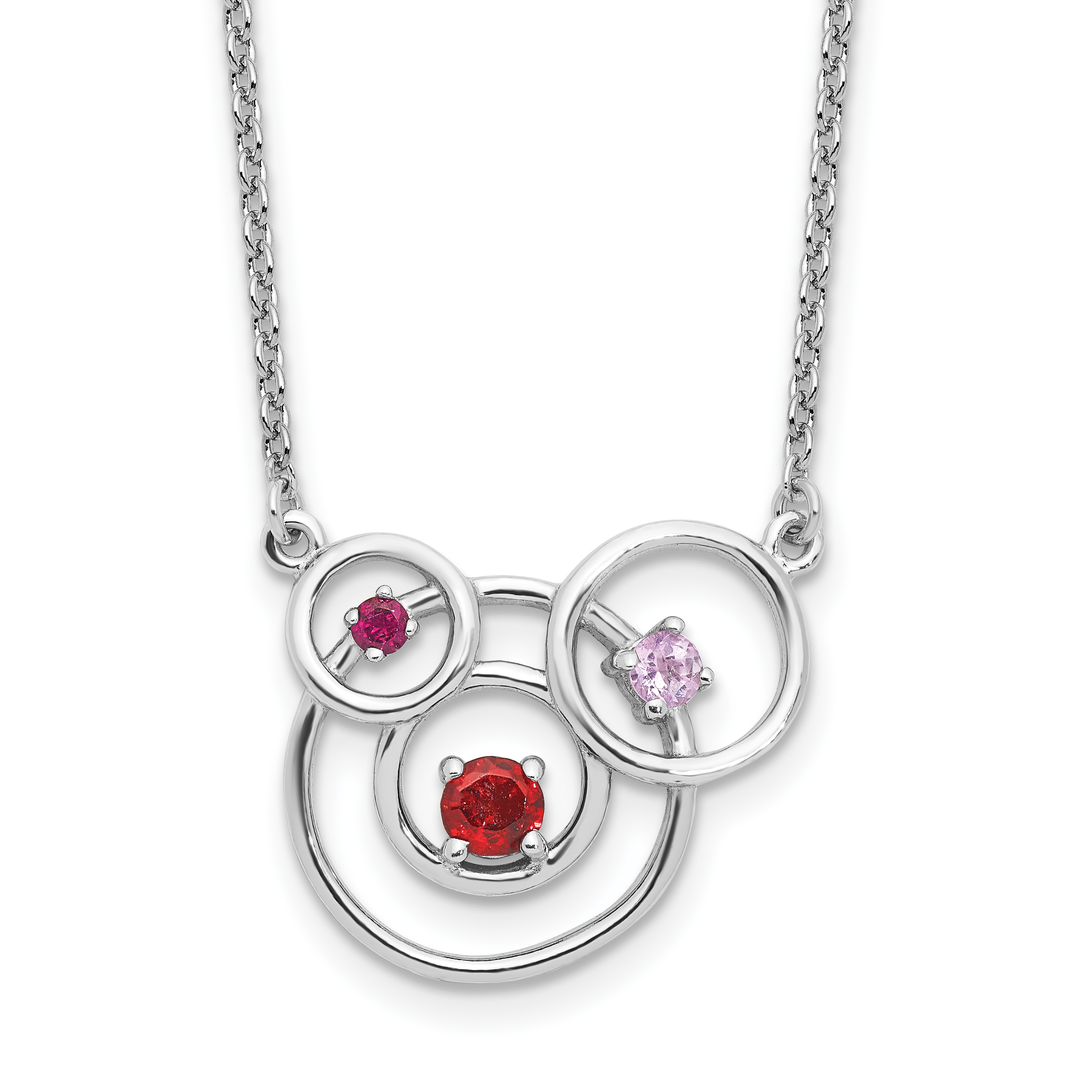 Sterling Silver Polished Amethyst, Garnet and Pink Tourmaline Circles with 2 Inch Extension Necklace (QG6740-16)