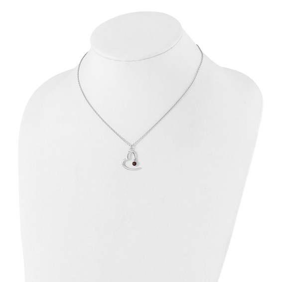 Sterling Silver Rhod-pltd Open Heart .06 Garnet 16in w/2in Ext Necklace