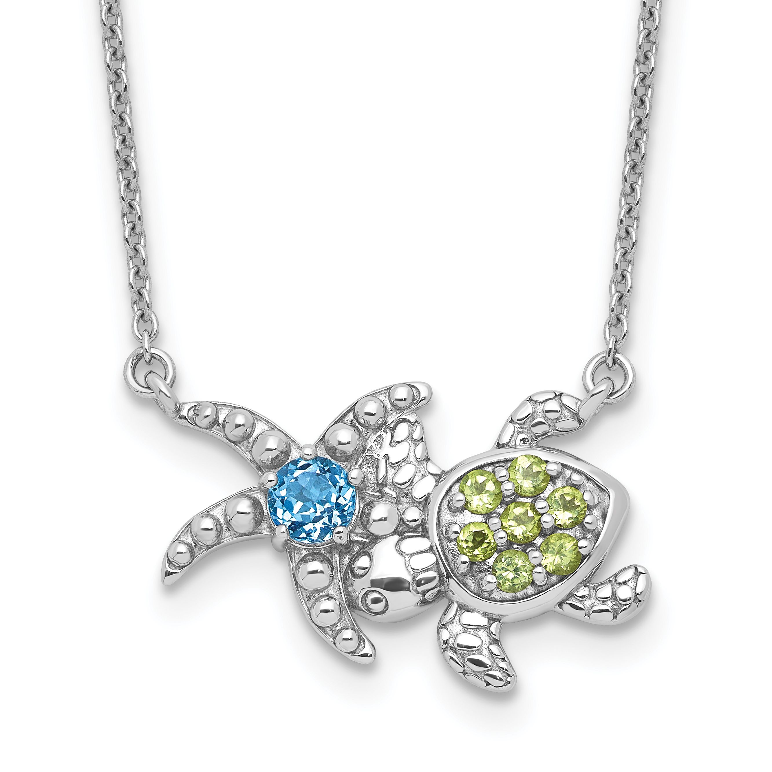 Sterling Silver Rhodium-plated Peridot and Light Swiss Blue Topaz Turtle Starfish 18.75 inch Necklace (QG6747PE-18.75)
