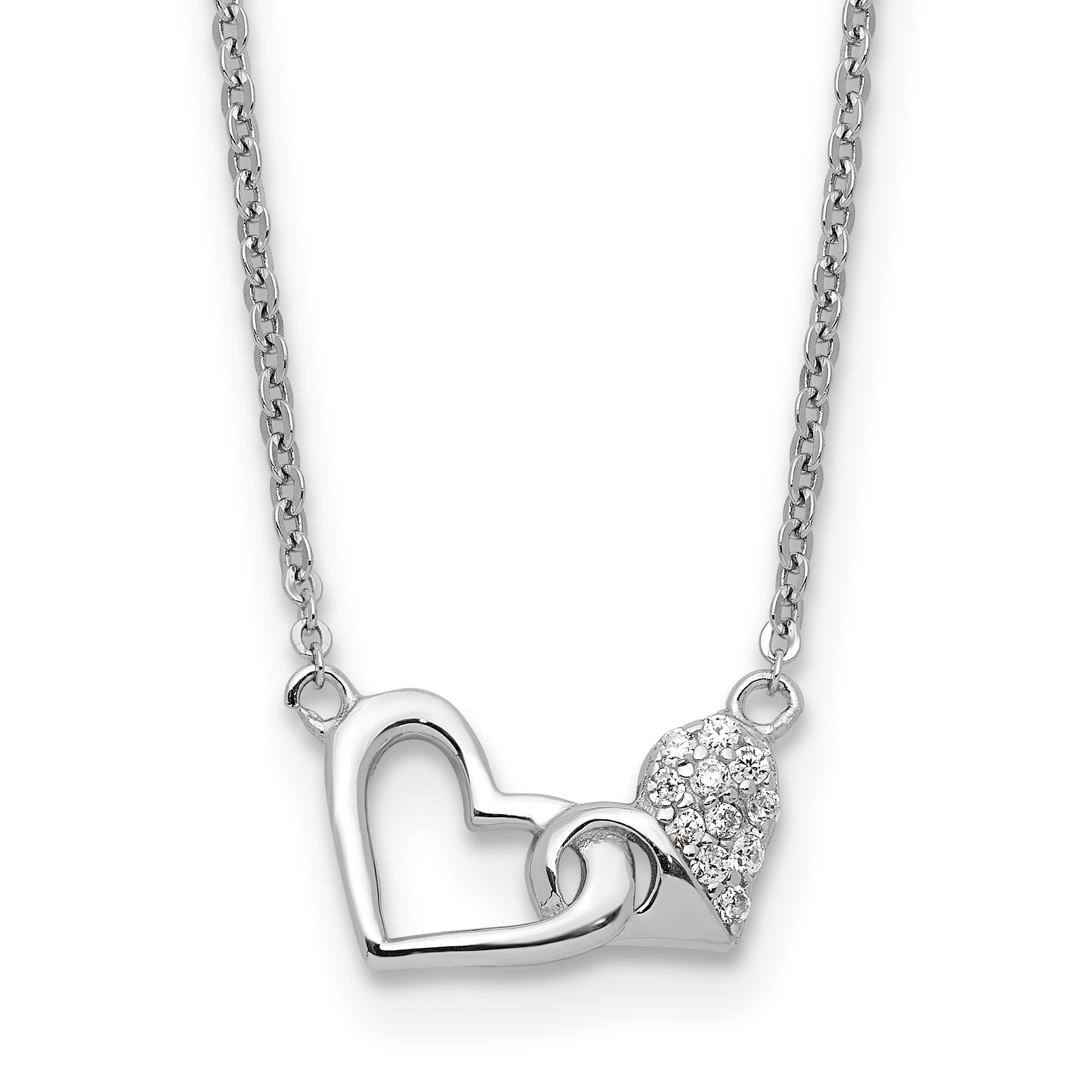 Sterling Silver Rhodium-plated CZ Double Heart 16IN Plus 2IN Ext Necklace (QG6750-16)