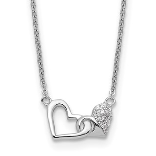 Sterling Silver Rhodium-plated CZ Double Heart 16IN Plus 2IN Ext Necklace