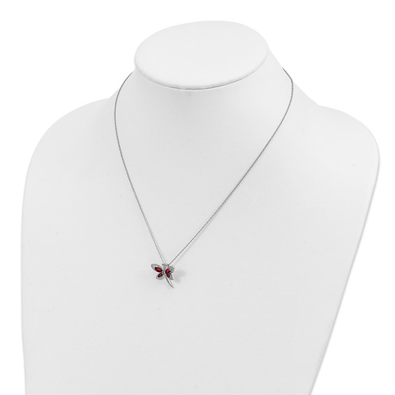 Sterling Silver/14k RH-pltd Garnet/Dia. Dragonfly 18in w/2 ext Necklace