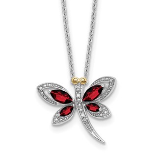 Sterling Silver/14k RH-pltd Garnet/Dia. Dragonfly 18in w/2 ext Necklace