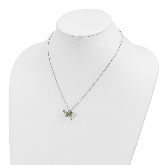 Sterling Silver/14k RH-pltd Peridot/Dia. Dragonfly 18in w/2 ext Necklace
