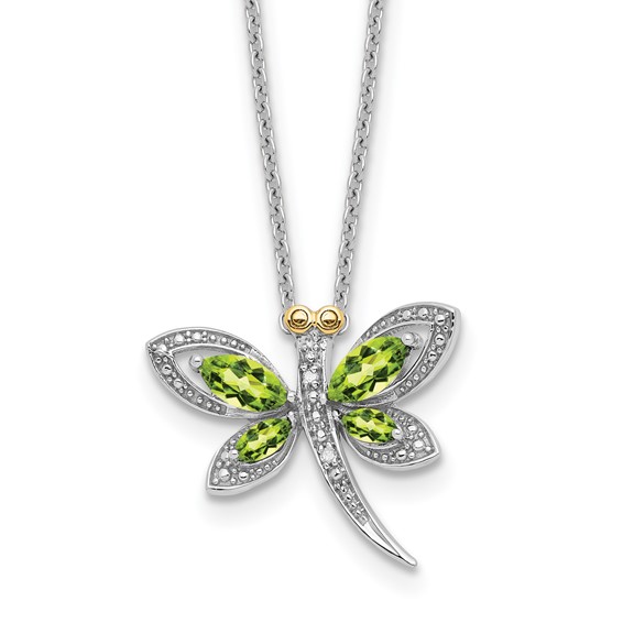 Sterling Silver/14k RH-pltd Peridot/Dia. Dragonfly 18in w/2 ext Necklace