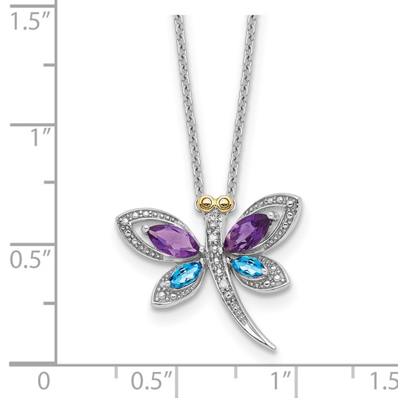 Sterling Silver/14k RH-pltd Amy/Bl Topaz/Dia. Dragonfly 18in Neckla