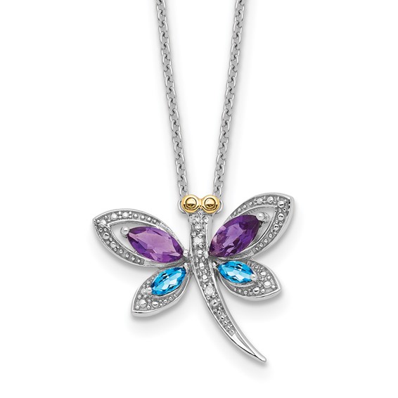 Sterling Silver/14k RH-pltd Amy/Bl Topaz/Dia. Dragonfly 18in Neckla