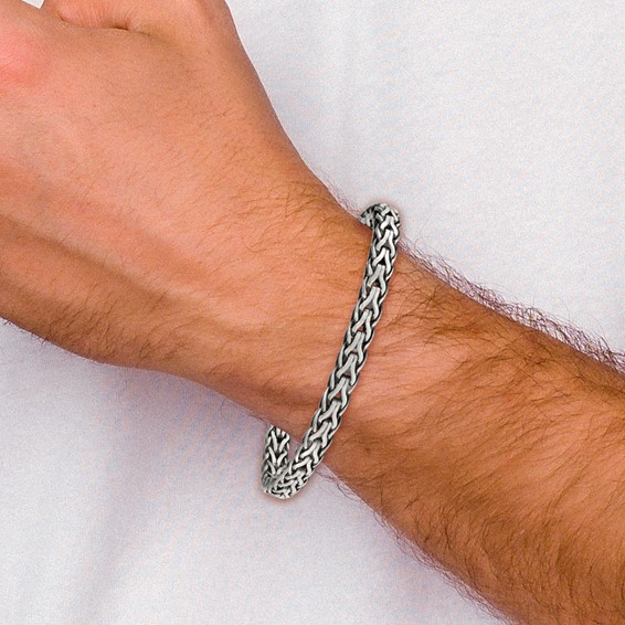 Sterling Silver Antiqued Polished 6mm Fancy Flat Chain 7.75 inch Bracelet