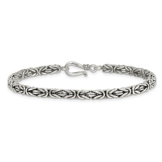 Sterling Silver Antiqued 4.0mm Byzantine 8 Inch Hook Clasp Mens Bracelet