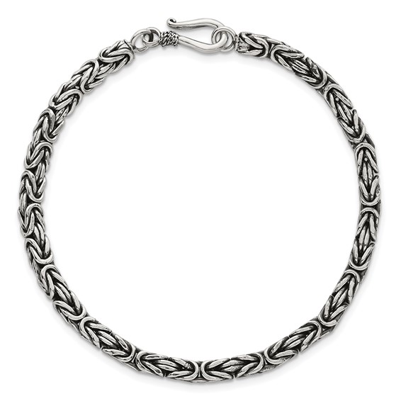 Sterling Silver Antiqued 4.0mm Byzantine 8 Inch Hook Clasp Mens Bracelet