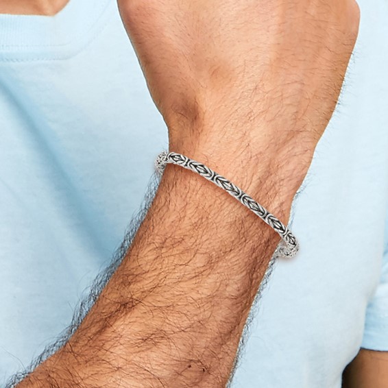 Sterling Silver Antiqued 4.0mm Byzantine 8 Inch Hook Clasp Mens Bracelet