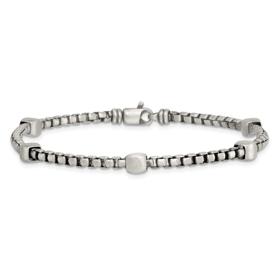 Sterling Silver Black Ruthenium-plated Brushed Box Chain and Beads Mens 8.5 inch Bracelet