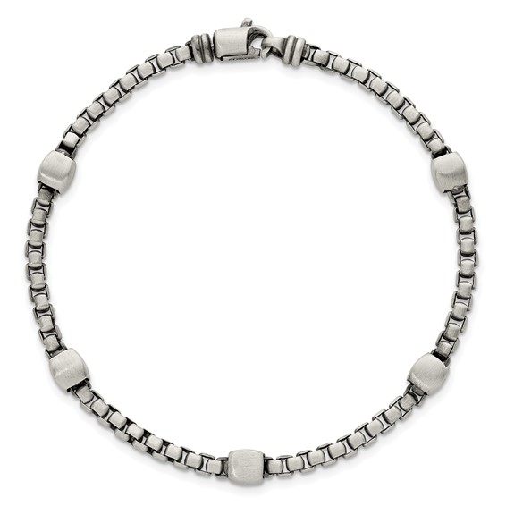 Sterling Silver Black Ruthenium-plated Brushed Box Chain and Beads Mens 8.5 inch Bracelet