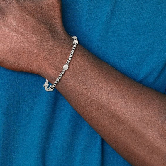 Sterling Silver Black Ruthenium-plated Brushed Box Chain and Beads Mens 8.5 inch Bracelet