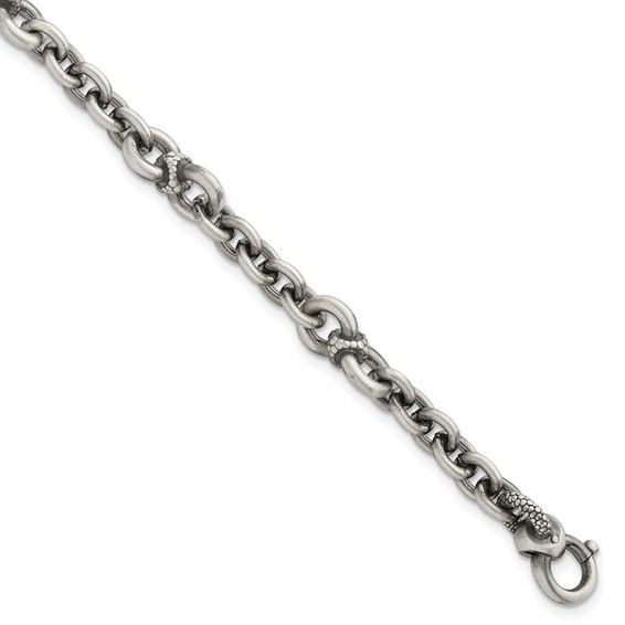Sterling Silver Black Ruthenium-plated Brushed and Textured Fancy Cable Link Mens 8.5 inch Bracelet