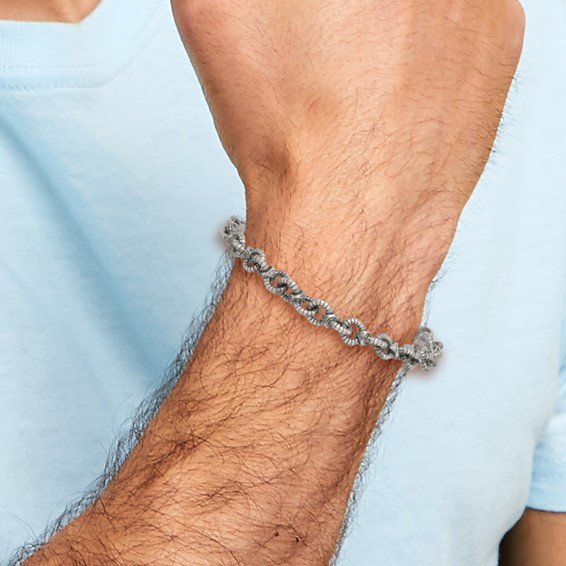 Sterling Silver Black Ruthenium-plated Brushed Fancy Textured Cable Link Mens 8.5 inch Bracelet