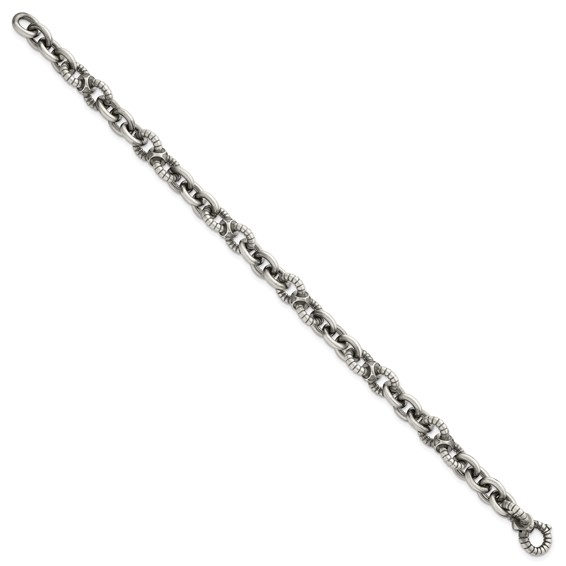 Sterling Silver Black Ruthenium-plated Brushed and Textured Fancy Link Mens 8.25 inch Bracelet