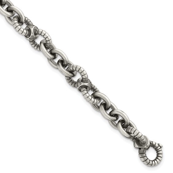 Sterling Silver Black Ruthenium-plated Brushed and Textured Fancy Link Mens 8.25 inch Bracelet