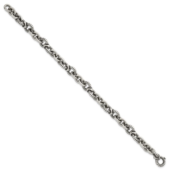 Sterling Silver Oxidized Polished and Textured Round Fancy Cable Link Mens 8.25 inch Bracelet