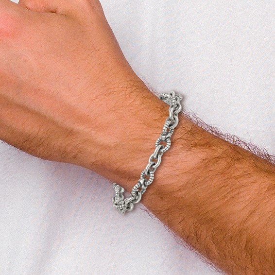 Sterling Silver Oxidized Polished and Textured Round Fancy Cable Link Mens 8.25 inch Bracelet