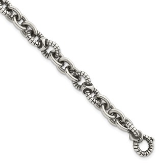 Sterling Silver Oxidized Polished and Textured Round Fancy Cable Link Mens 8.25 inch Bracelet