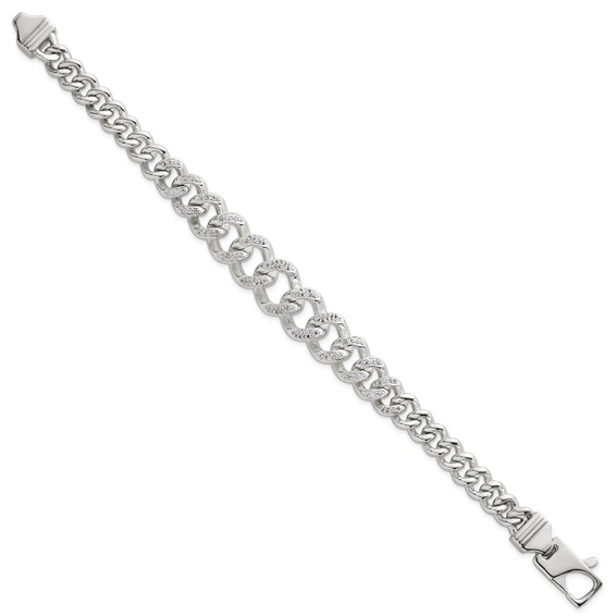 Sterling Silver Polished Graduated CZ Curb Link 9 Inch Men's Bracelet