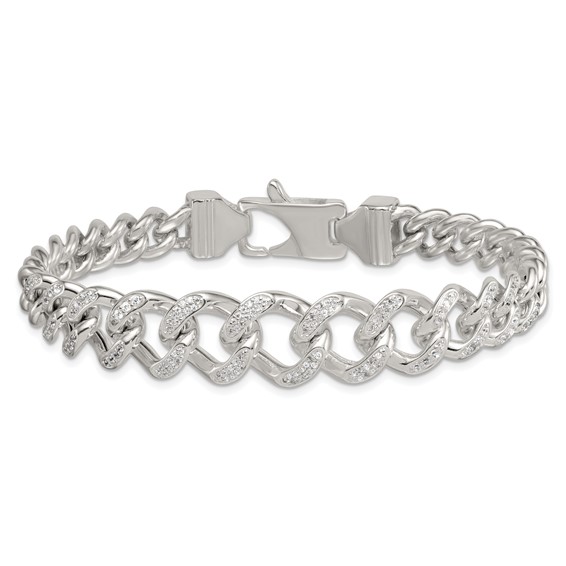 Sterling Silver Polished Graduated CZ Curb Link 9 Inch Men's Bracelet