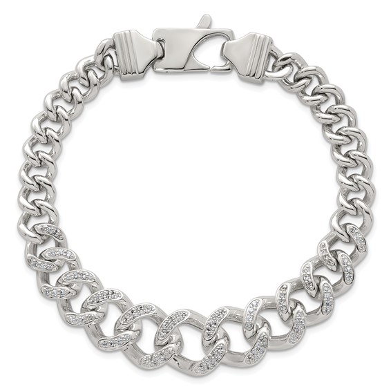 Sterling Silver Polished Graduated CZ Curb Link 9 Inch Men's Bracelet