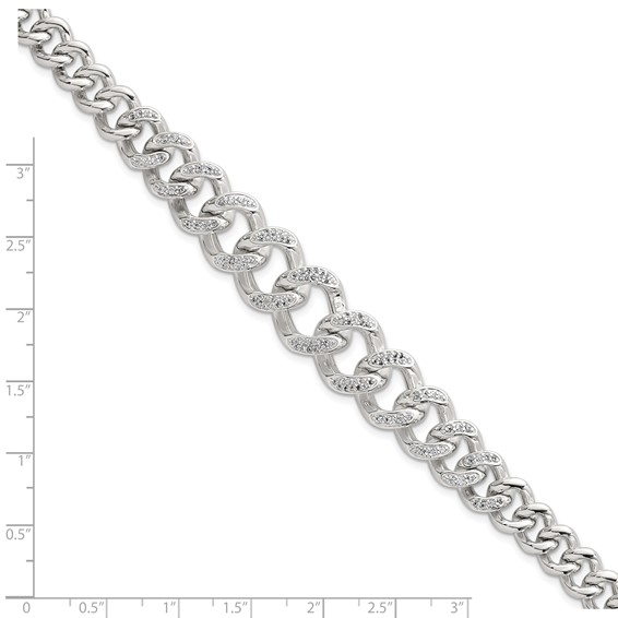 Sterling Silver Polished Graduated CZ Curb Link 9 Inch Men's Bracelet