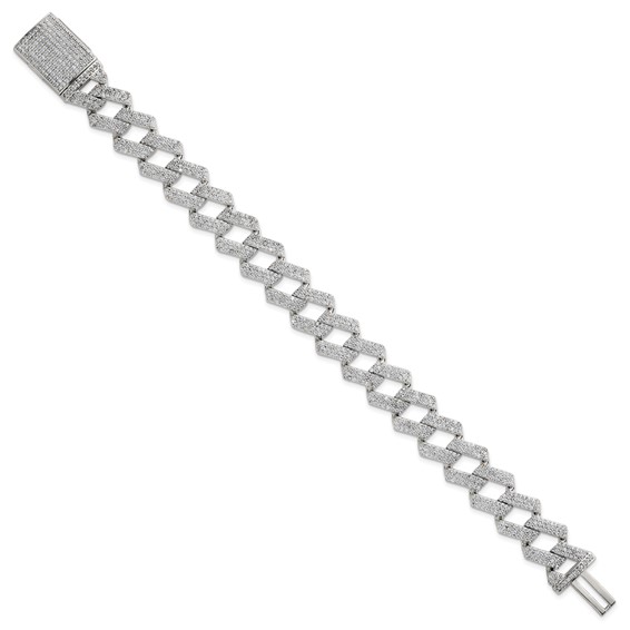 Sterling Silver Polished Fancy CZ Curb Link 8.5 Inch Mens Bracelet