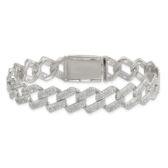 Sterling Silver Polished Fancy CZ Curb Link 8.5 Inch Mens Bracelet