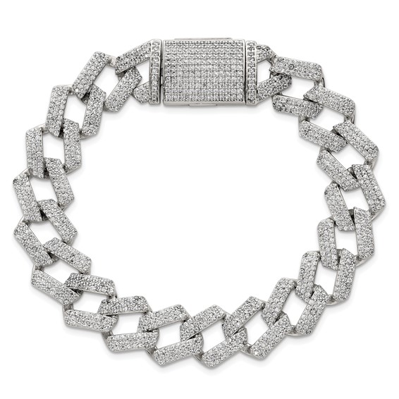 Sterling Silver Polished Fancy CZ Curb Link 8.5 Inch Mens Bracelet