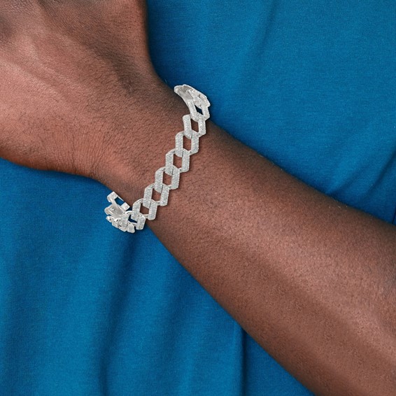 Sterling Silver Polished Fancy CZ Curb Link 8.5 Inch Mens Bracelet