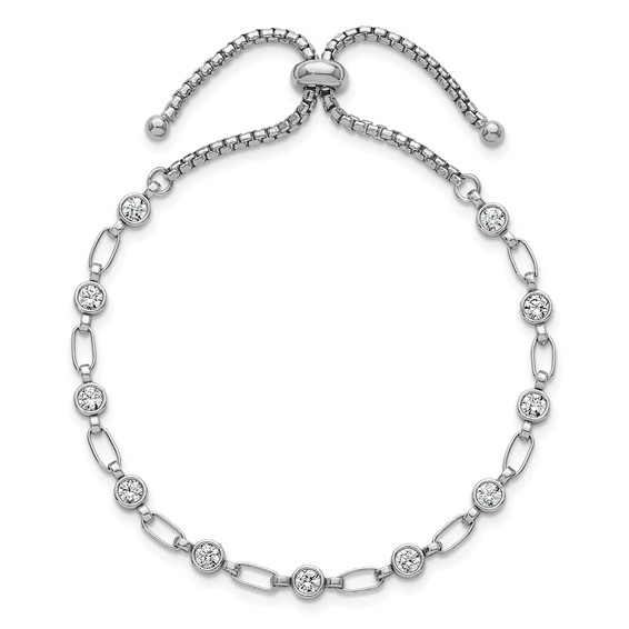 Sterling Silver Rhodium-plated Polished Round CZ and Rectangle Link Adjustable Bolo Bracelet