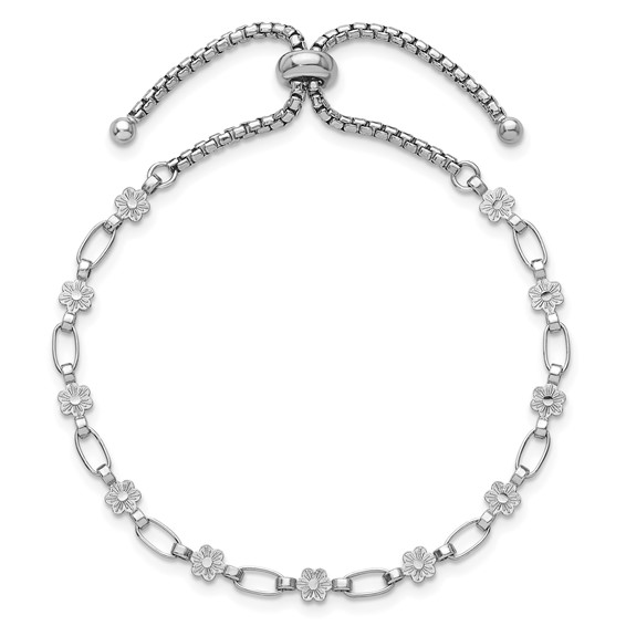 Sterling Silver Rhodium-plated Polished Flower and Rectangle Link Adjustable Bolo Bracelet