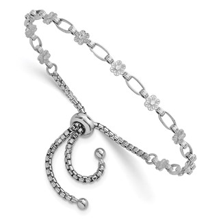Sterling Silver Rhodium-plated Polished Flower and Rectangle Link Adjustable Bolo Bracelet