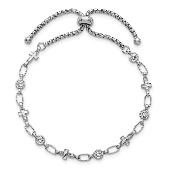 Sterling Silver Rhodium-plated Polished Round CZ and Cross Adjustable Bolo Bracelet