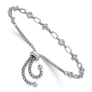 Sterling Silver Rhodium-plated Polished Round CZ and Cross Adjustable Bolo Bracelet