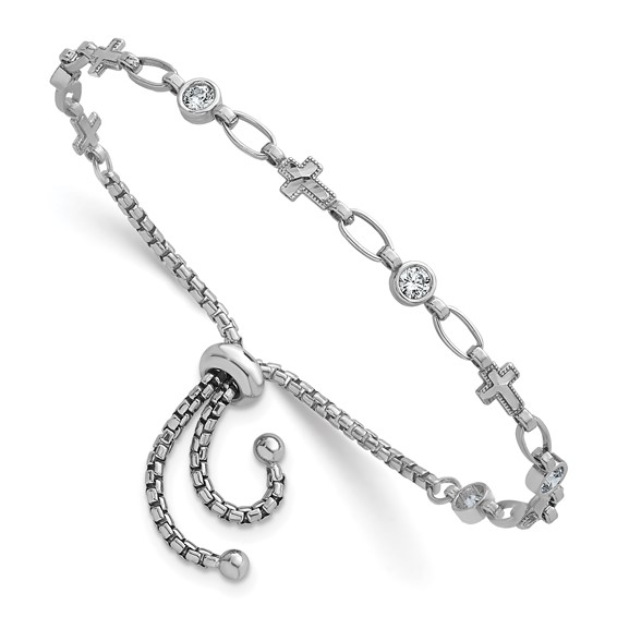 Sterling Silver Rhodium-plated Polished Round CZ and Cross Adjustable Bolo Bracelet