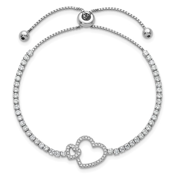 Sterling Silver Rhodium-plated Polished CZ Two Hearts Adjustable Bolo Bracelet