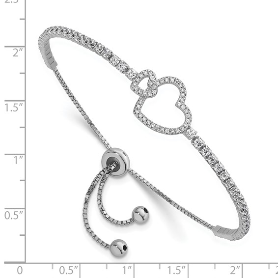 Sterling Silver Rhodium-plated Polished CZ Two Hearts Adjustable Bolo Bracelet