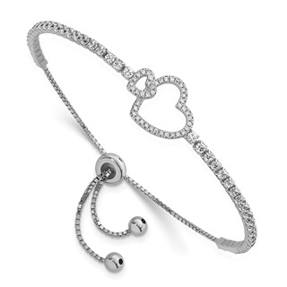 Sterling Silver Rhodium-plated Polished CZ Two Hearts Adjustable Bolo Bracelet
